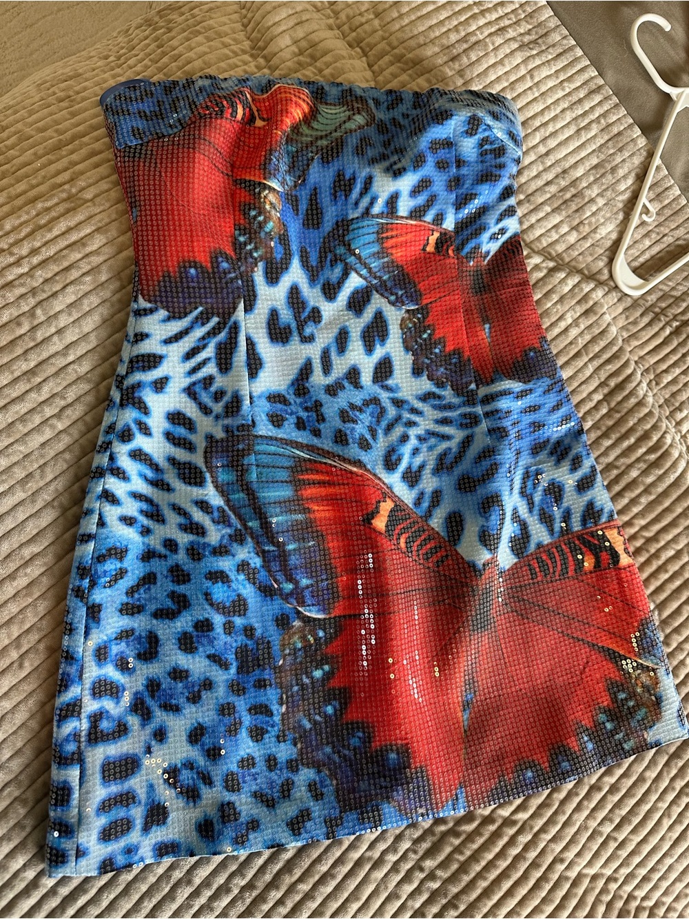 Blue Leopard Print Mini Dress with Red Butterfly Motif